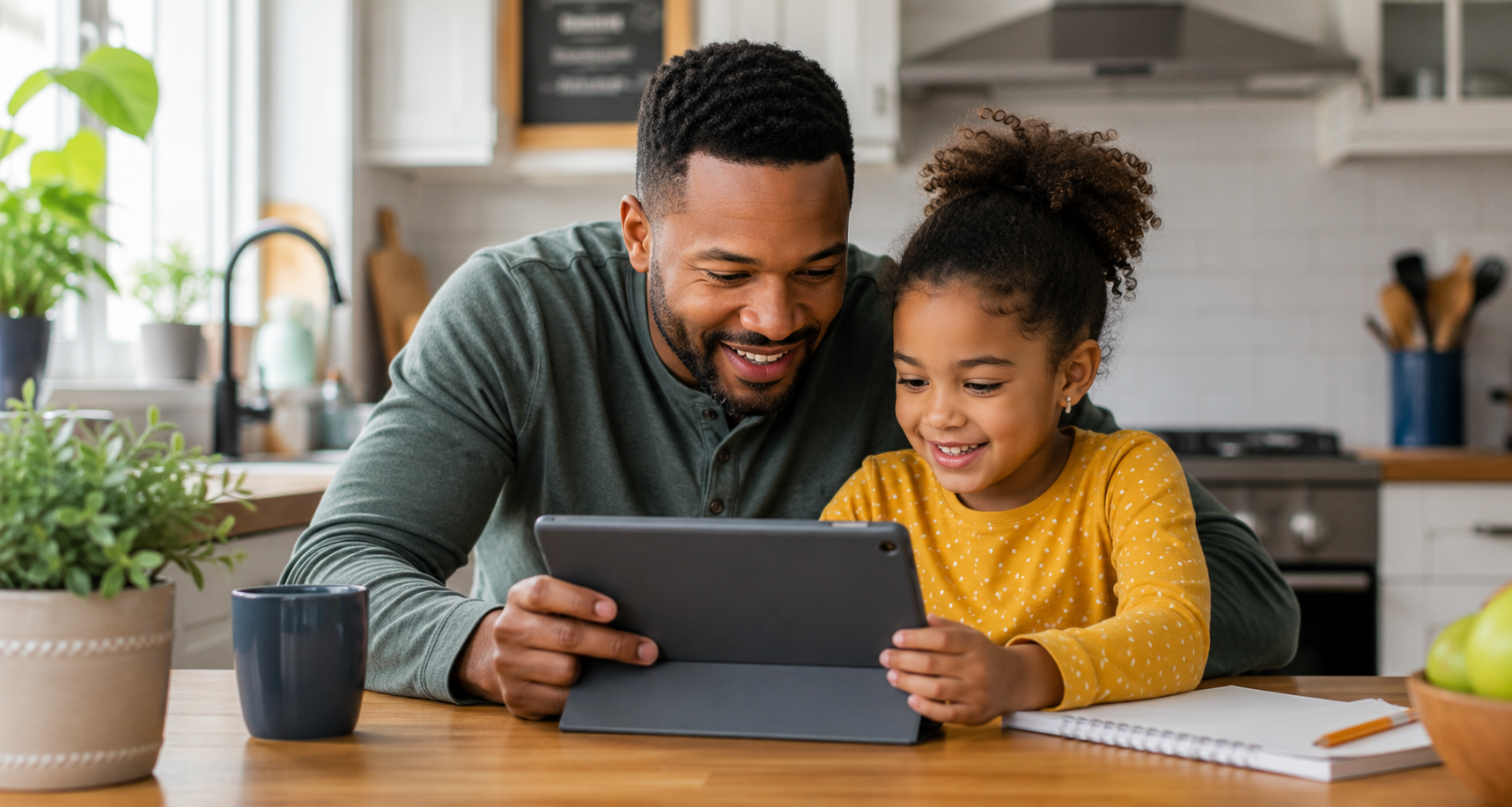A father and daughter smiling together while looking at a tablet at their kitchen counter